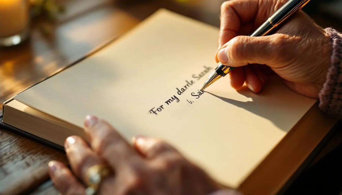 Grandmother writing a personal dedication on the first page of her biography
