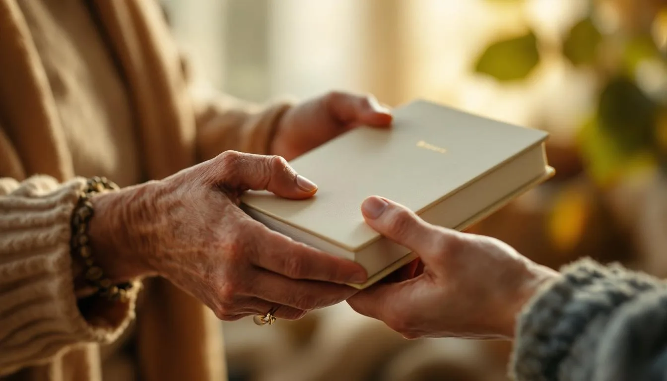 Elderly hands passing a biography book to younger hands