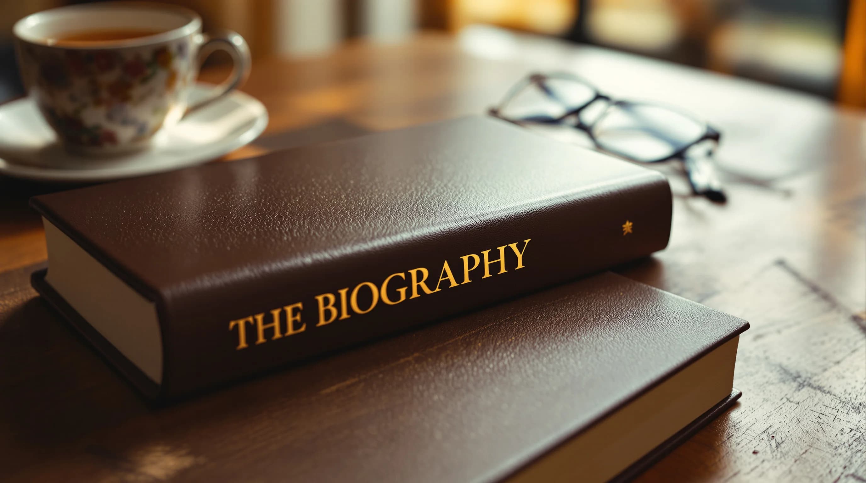 Beautiful leather-bound biography book with gold lettering, elegant coffee table display